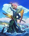  action_pose anthro arthropod crest crustacean fin fish humanoid landscape lobster magic_the_gathering male marine merfolk official_art rear_view sea seashell shark sky solo solo_focus standing steve_prescott traditional_media_(artwork) water weapon 