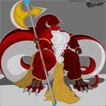  2014 abs akayrom47 anthro balls biceps big_muscles claws dragon horn hyper hyper_muscles lioncloth male masculine muscles pecs plain_background red_scales scalie solo toned white_scales 