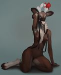  2014 anthro antlers armpit_hair bow breasts bridle brown_fur cervine chest_tuft christmas digitigrade female fur hd01 holidays hooves horn looking_at_viewer mammal navel nipples nude open_mouth reigns reindeer smile solo tuft 