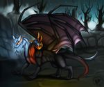  2014 2_heads blue_eyes detailed_background dota dota_2 dragon eliana-asato feral fire forest glowing glowing_eyes horn ice jakiro_the_twin_headed_dragon male membranous_wings multi_head multiple_tails night outside red_eyes scalie solo standing thd tree wings 