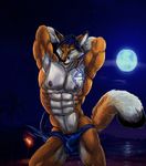  abs alty anthro arms_behind_head biceps big_muscles black_nose bleakcat blue_hair brown_fur bulge canine clothed clothing fangs flexing fox fur hair half-dressed huge_muscles looking_at_viewer male mammal masculine moon muscles night nipples open_mouth pecs pose ripped smile solo speedo standing swimsuit tattoo teeth toned tongue topless white_fur yellow_eyes 