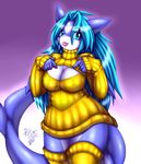  2014 anthro big_breasts blue_body blue_eyes blue_hair breasts cleavage clothed clothing female fish fish_tail hair hi_res keyhole_turtleneck legwear looking_at_viewer marine mnxenx001 myrl nipple_bulge shark solo standing stockings sweater tongue tongue_out voluptuous 