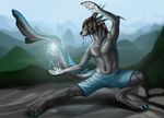  2014 action_pose anthro biological blue_skin claws clothed clothing dragon fin fish glowing grey_skin half-dressed horn hybrid magic male marine piercing pose shaded shark shorts solo spell stripes topless 