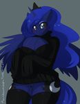  2014 anthro anthrofied big_breasts blue_eyes blue_fur blue_hair blush bottomless breasts cleavage clothed clothing cutie_mark equine female friendship_is_magic fur hair half-dressed horn keyhole_turtleneck legwear long_hair mammal my_little_pony plain_background princess_luna_(mlp) pussy rainbowclops skimpy solo stockings sweater thigh_highs wide_hips winged_unicorn wings 