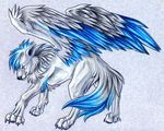  blue_eyes blue_fur canine claws digitigrade feral fur male mammal paws pearleden plain_background scar solo white_background white_fur wings wolf 