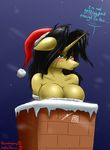  2014 anthro big_breasts black_hair blush breasts brown_eyes chimney christmas cleavage clothed clothing dialogue english_text equine fan_character female hair hat holidays horn mammal metalfoxxx my_little_pony outside pom_hat santa_hat snow snowing solo stuck text unicorn winter_hat 