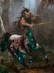  beard bodypaint centaur charging equine facial_hair forest hair holding_weapon human long_hair magic_the_gathering male mammal markings masculine official_art outside polearm running ryan_barger shield solo spear star stump taur tree weapon 