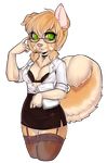  anthro blonde_hair bra canine cleavage clothed clothing dog eyewear female fluffy_tail glasses green_eyes hair husky legwear looking_at_viewer mammal rika_(character) smile solo stockings underwear xenthyl 