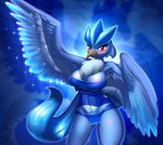  2014 anthro articuno avian beak big_breasts blush breasts censored chest_tuft cleavage clothed clothing elpatrixf female fur loincloth looking_at_viewer nintendo pok&eacute;mon red_eyes solo sparkle tuft video_games wings 