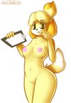  animal_crossing anthro areola atherol blonde_hair breasts brown_eyes canine clipboard dog english_text female fur hair isabelle_(animal_crossing) looking_at_viewer mammal navel nintendo nipples paper plain_background pussy short_hair solo standing teeth text video_games yellow_fur 