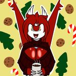  beverage christmas cleavage clothed clothing cookie female hair holidays hot_chocolate keyhole_turtleneck latias legendary_pok&eacute;mon lewdtias_(character) looking_at_viewer nintendo open_mouth pok&eacute;mon quin_(artist) red_hair solo sweater tongue tree video_games 
