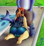  3_toes asbel_lhant balls blush butt clothing drooling duo fish fluff fur gay grass hair kneeling male mammal marine mustelid nibble nintendo pants pok&eacute;mon pool saliva shark shoes text toes typhlosion underwear video_games water 