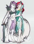  anthro armor bra breasts bulge cleavage clothed clothing couple dickgirl duo fantasy feline female flamekillaxxx fur g-string glare hair intersex leopard looking_at_viewer mammal open_mouth plain_background snow_leopard sortie sword twistedhound underwear weapon 