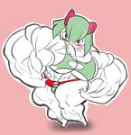  big_muscles blush clothing doctorplaid female hyper hyper_muscles kirlia looking_at_viewer muscles nintendo pok&eacute;mon red_eyes solo thick_thighs torn_clothing video_games 