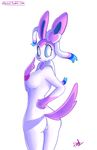  anthro areola atherol blue_eyes bow breasts butt eeveelution english_text female fur looking_at_viewer nintendo nipples pink_nipples plain_background pok&eacute;mon pussy ribbons smile solo standing sylveon text video_games white_fur 