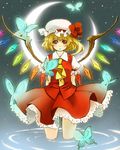  blonde_hair bug butterfly crescent_moon flandre_scarlet hat insect moon night night_sky one_side_up ponytail red_eyes short_hair sirogane sky solo touhou water wings 