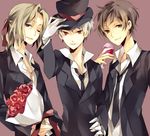  alcohol axis_powers_hetalia bad_friends_trio_(hetalia) bad_id bad_pixiv_id blonde_hair blue_eyes brown_hair drinking flower formal france_(hetalia) green_eyes hat hat_tip male_focus multiple_boys necktie one_eye_closed prussia_(hetalia) red_eyes rose spain_(hetalia) suit top_hat white_hair wine yuzuki_karu 