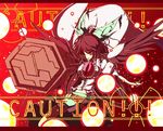  arm_cannon belt bow brown_hair caution danmaku foreshortening hair_bow letterboxed long_hair one-eyed outstretched_arm radiation_symbol red_eyes reiuji_utsuho sanshirou shaded_face solo touhou weapon 