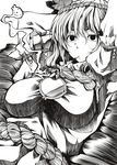  bad_id bad_pixiv_id breasts face fukai_ryousuke greyscale impossible_clothes impossible_shirt kiseru large_breasts monochrome pipe shirt short_hair solo touhou yasaka_kanako 