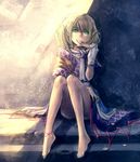  arm_warmers barefoot blonde_hair feet green_eyes kieta legs long_legs mizuhashi_parsee pointy_ears scarf short_hair solo touhou 