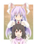  animal_ears azuma_takeshi_(andon_kandelaar) brown_hair bunny_ears carrot carrot_necklace ear_grab frown inaba_tewi jewelry lavender_hair long_hair looking_up multiple_girls necklace open_mouth orange_eyes pendant reisen_udongein_inaba short_hair touhou 