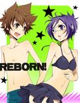  1girl bad_id bad_pixiv_id bikini bikini_skirt blue_eyes blue_hair chrome_dokuro collarbone couple hetero katekyo_hitman_reborn! midriff sawada_tsunayoshi sayo_(mutuha) short_hair skirt swimsuit 