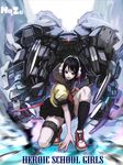  black_hair green_eyes headphones highres katana kneehighs legs mecha original saitou_masatsugu school_uniform serafuku shoes skirt sneakers socks solo sword thigh_strap tongue weapon 