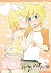  1girl blonde_hair blue_eyes blush brother_and_sister casual heart kagamine_len kagamine_rin siblings tsukina_(artist) twins vocaloid 