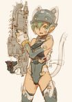  bad_id bad_pixiv_id branch_(blackrabbits) busou_shinki gears_of_war gloves green_eyes green_hair gun helmet lancer_(weapon) maochao solo tail thighhighs weapon 