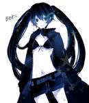  bad_id bad_pixiv_id bikini_top black_hair black_rock_shooter black_rock_shooter_(character) blue_eyes coat face komine long_hair lowres midriff navel pale_skin shorts simple_background smile solo twintails 