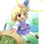  :d arm_up blonde_hair blush brown_eyes censored censored_food fake_censor hair_ribbon hat hat_basket hat_removed headwear_removed holding holding_hat jewelry kanna_hisashi lily_pad moriya's_iron_rings moriya_suwako open_mouth outstretched_arm ribbon ring smile solo thighhighs touhou 