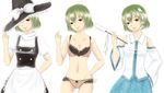  apron bad_id bad_pixiv_id bangs bare_arms bare_shoulders black_hat black_skirt black_vest blue_skirt bow bow_panties bra breasts cleavage closed_mouth collarbone collared_shirt cosplay cowboy_shot detached_sleeves frilled_bra frilled_panties frills frog_hair_ornament geike gohei hair_ornament hair_tubes hand_on_headwear hand_on_hip hat hat_bow hat_over_one_eye hat_tip head_tilt highres holding kazami_yuuka kirisame_marisa kirisame_marisa_(cosplay) kochiya_sanae kochiya_sanae_(cosplay) lingerie looking_at_viewer medium_breasts multiple_views navel one_eye_covered panties puffy_short_sleeves puffy_sleeves red_eyes shirt short_hair short_sleeves simple_background skirt skirt_set smile snake_hair_ornament touhou turtleneck underwear underwear_only variations vest waist_apron white_apron white_background white_bow white_shirt 