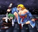  blonde_hair blush bottle breasts bucket cleavage drunk green_eyes green_hair hitoniarazu horn hoshiguma_yuugi hoshiguma_yuugi_(promo) in_bucket in_container japanese_clothes kimono kisume large_breasts long_hair multiple_girls short_hair touhou twintails 
