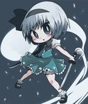  black_hairband blue_eyes chibi dual_wielding ghost hairband hitodama holding katana konpaku_youmu konpaku_youmu_(ghost) kourakubiyori short_hair silver_hair solo sword touhou weapon 