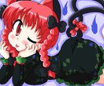  :p ;p animal_ears blush bow braid cat_ears cat_tail geetsu hair_bow kaenbyou_rin lying multiple_tails one_eye_closed red_eyes red_hair ribbon solo tail tail_ribbon tongue tongue_out touhou twin_braids 