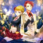  1girl beatrice blonde_hair blue_eyes bug butterfly cane flower formal frills insect jacket necktie necktie_grab neckwear_grab pink_neckwear queen_qko red_hair smile suit thighhighs umineko_no_naku_koro_ni ushiromiya_battler 