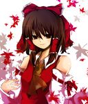  bow brown_hair detached_sleeves hachiru hakurei_reimu highres leaf red_eyes short_hair solo touhou 