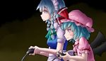  aono3 bat_wings blue_eyes blue_hair braid controller game_controller hat izayoi_sakuya multiple_girls playing_games profile red_eyes remilia_scarlet short_hair silver_hair sweatdrop touhou twin_braids wings 