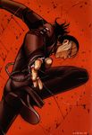  2004 age_regression black_hair blood garrote hellsing hirano_kouta male_focus monocle official_art red_background red_eyes solo vampire walter_c_dornez younger 