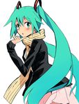  aqua_eyes aqua_hair bad_id bad_pixiv_id hajimete_no_koi_ga_owaru_toki_(vocaloid) hatsune_miku hyakuen_raitaa long_hair scarf simple_background skirt solo twintails vocaloid 