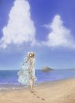  arms_behind_back bare_shoulders barefoot beach blonde_hair bow cloud commentary day dress from_behind hair_bow hands_together jayun long_hair ocean original own_hands_together ponytail scenery see-through solo walking white_dress wind 