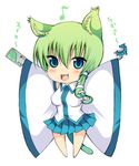  :3 animal_ears bad_id bad_pixiv_id blue_eyes blush cat_ears cat_tail chibi daive detached_sleeves fang green_hair hair_ornament happy kemonomimi_mode kochiya_sanae musical_note open_mouth simple_background solo suica tail touhou translated v-shaped_eyebrows 