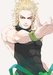  abs bare_shoulders blonde_hair bracelet collar come_hither dio_brando earrings haato highres jewelry jojo_no_kimyou_na_bouken lips looking_at_viewer male_focus muscle red_eyes skin_tight sleeveless sleeveless_turtleneck solo turtleneck wavy_hair white_background 