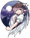  animal_ears cloud colorized full_moon h@ll happy moon music musical_note mystia_lorelei night open_mouth outside_border pink_eyes pink_hair portrait singing sky smile solo touhou wings 