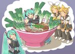  2girls aqua_hair bath blonde_hair blue_eyes detached_sleeves food hair_ornament hair_ribbon hairclip hatsune_miku headphones headset hug imagining in_bowl in_container in_food kagamine_len kagamine_rin kyoten long_hair meat multiple_girls necktie noodles oversized_object ramen ribbon saliva short_hair shorts skirt smile spring_onion twintails vocaloid 