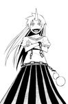  chain crossed_arms gourd greyscale grin highres horn hoshiguma_yuugi karu_(ishiken) long_hair long_skirt millipen_(medium) monochrome nib_pen_(medium) open_mouth pleated_skirt shirt skirt smile solo t-shirt touhou traditional_media 