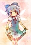  ameiro bloomers blue_eyes blue_hair cirno curtsey dress face hands short_hair skirt_hold smile solo touhou underwear wings 