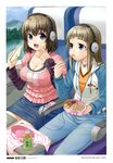  :t absurdres ahoge blue_eyes bose bottle breasts brown_hair cleavage denim denim_skirt digital_media_player eating food food_on_face frills green_tea headphones highres hood hoodie jewelry large_breasts long_hair lunchbox mizuki_gyokuran multiple_girls obentou open_mouth original pants pencil_skirt pointing product_placement purple_eyes rice rice_on_face ring sandwich short_hair sitting skirt smile tareme tea train_interior 