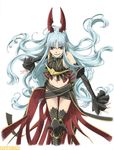  ahoge aliasse blue_hair brooch crop_top detached_sleeves honjou_raita horns jewelry leaning_forward long_hair midriff official_art red_eyes senjou_no_valkyria senjou_no_valkyria_2 skirt smile solo striped thigh_gap thighhighs very_long_hair watermark zettai_ryouiki 