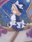  apron bad_id bad_pixiv_id blonde_hair blush broom hat highres kirisame_marisa momokumo one_eye_closed open_mouth sitting sky solo star_(sky) starry_sky touhou tree waist_apron witch_hat 